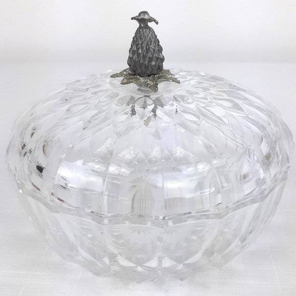 Val St Lambert Crystal Glass Covered Candy Dish Thistle Pineapple Finial Signed - Picture 3 of 12